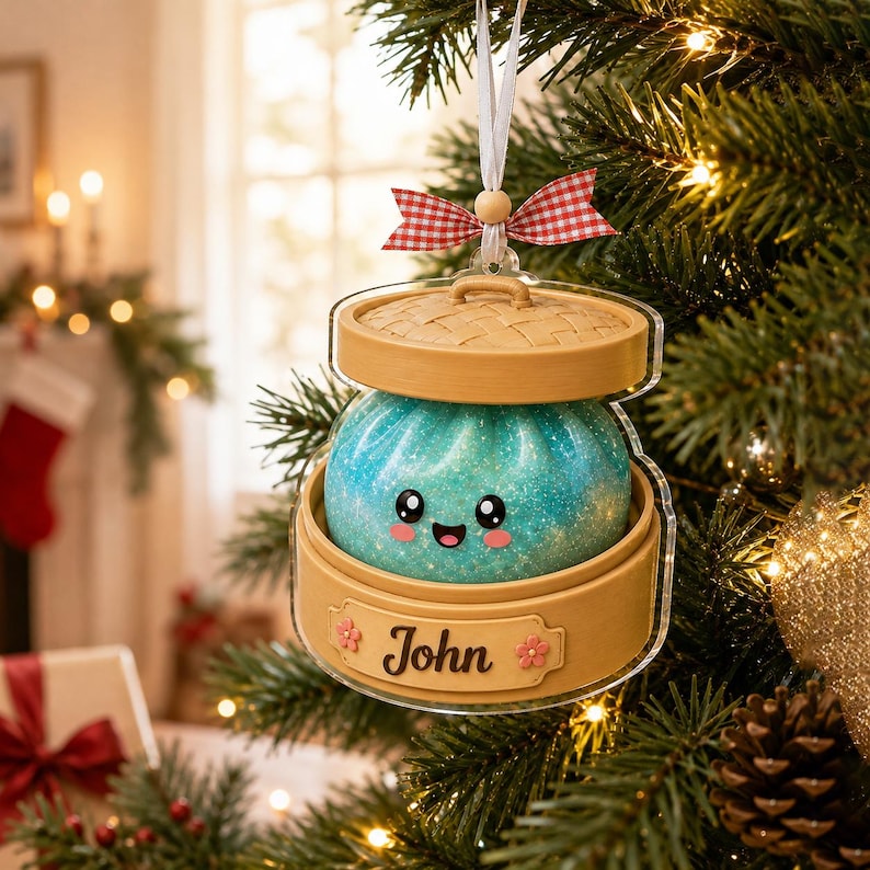 Personalized Glitter Squishy Dumpling Ornament, Custom Name Acrylic Steamer, Kids Foodie Xmas Gift