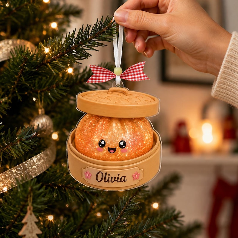 Personalized Glitter Squishy Dumpling Ornament, Custom Name Acrylic Steamer, Kids Foodie Xmas Gift