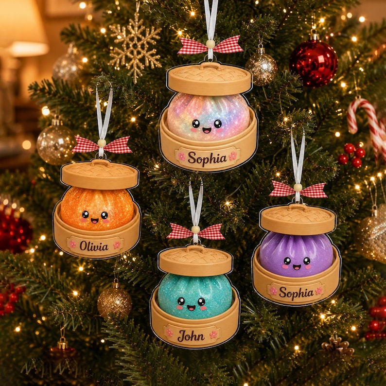 Personalized Glitter Squishy Dumpling Ornament, Custom Name Acrylic Steamer, Kids Foodie Xmas Gift