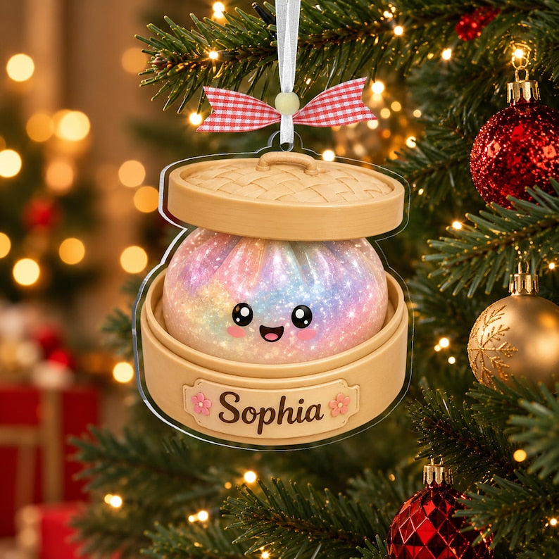 Personalized Glitter Squishy Dumpling Ornament, Custom Name Acrylic Steamer, Kids Foodie Xmas Gift