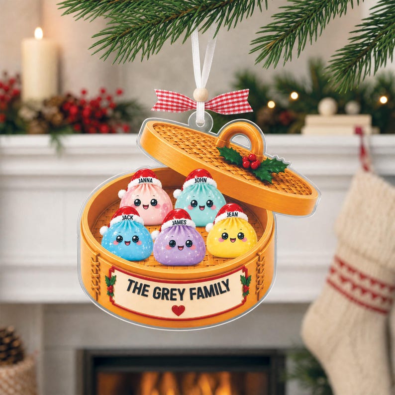 Personalized Glitter Dumpling Ornament, Dim Sum Acrylic Family Ornament, Dumpling Holiday Ornament