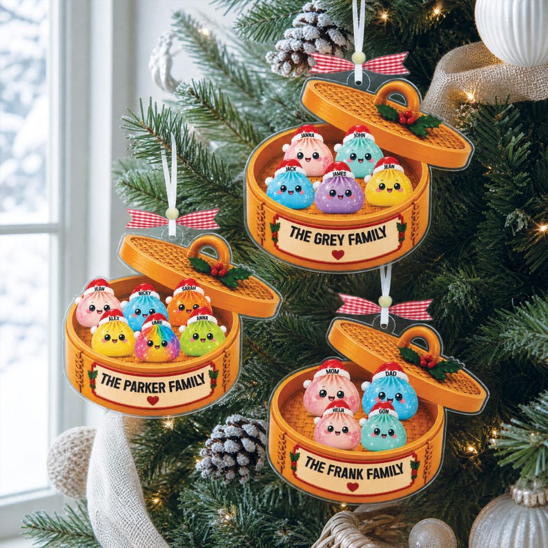 Personalized Glitter Dumpling Ornament, Dim Sum Acrylic Family Ornament, Dumpling Holiday Ornament