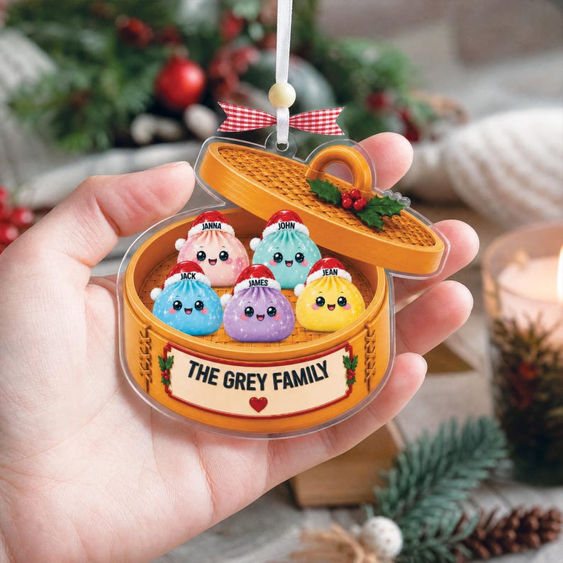 Personalized Glitter Dumpling Ornament, Dim Sum Acrylic Family Ornament, Dumpling Holiday Ornament