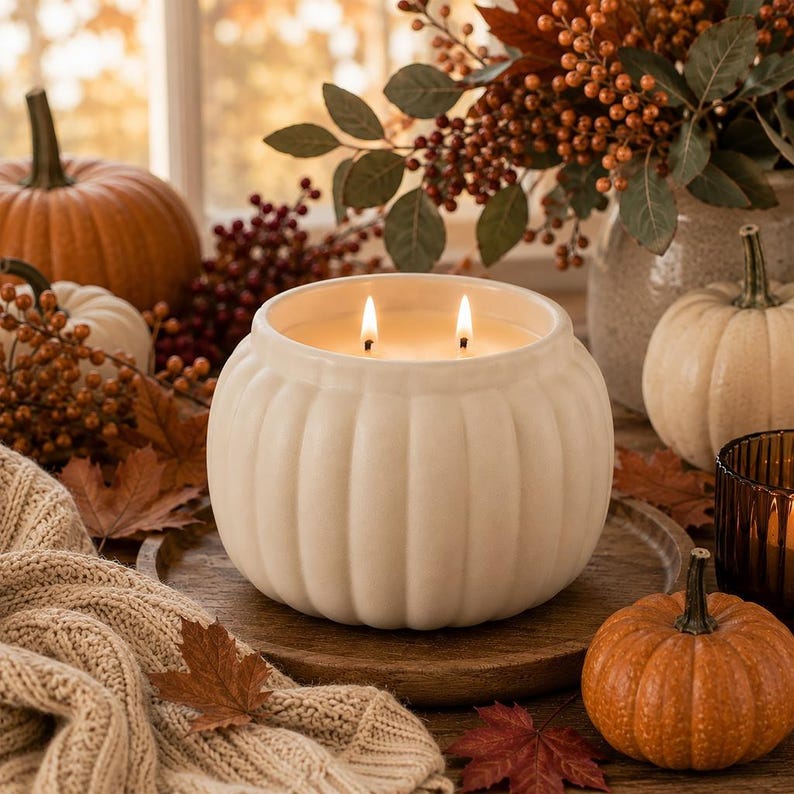 Ivory Ceramic Pumpkin Candle, Textured Glass, Wooden Wick, Pumpkin Spice Aroma