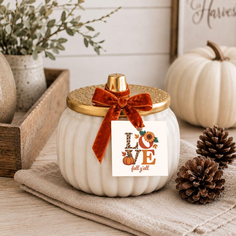 Ivory Harvest Ceramic Pumpkin Candle, Rustic Farmhouse Fall Decor, Thanksgiving Tabletop Accent