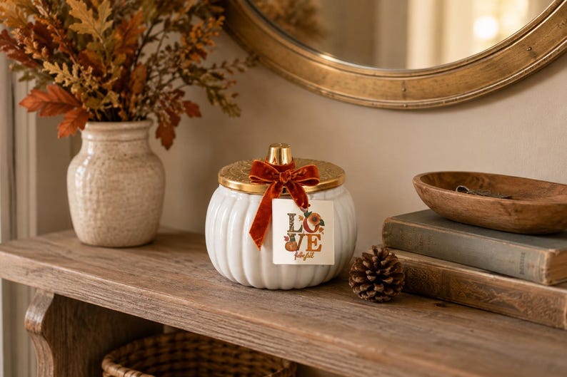 Ivory Harvest Ceramic Pumpkin Candle, Rustic Farmhouse Fall Decor, Thanksgiving Tabletop Accent