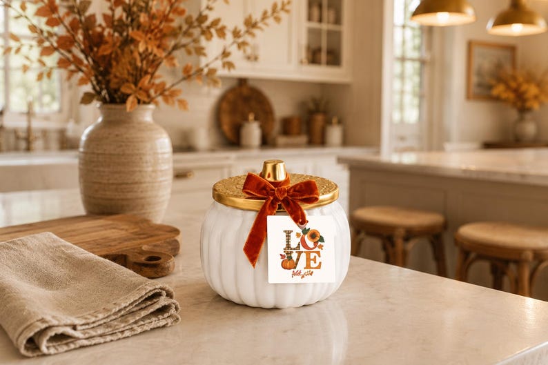 Ivory Harvest Ceramic Pumpkin Candle, Rustic Farmhouse Fall Decor, Thanksgiving Tabletop Accent