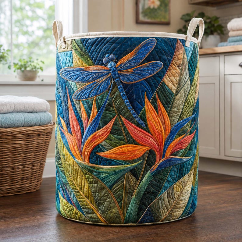 Tropical Dragonfly Quilted Laundry Basket, Floral Paradise Storage Bin, Vibrant Clothes Hamper
