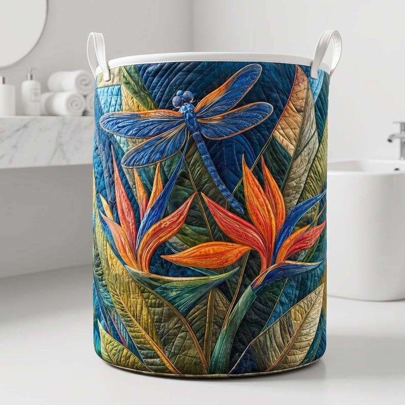 Tropical Dragonfly Quilted Laundry Basket, Floral Paradise Storage Bin, Vibrant Clothes Hamper