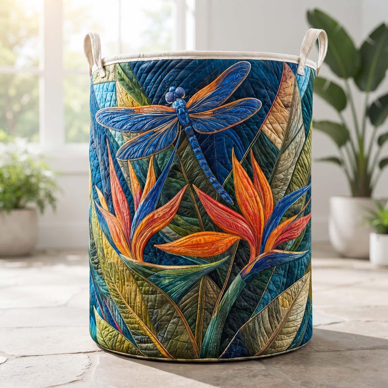 Tropical Dragonfly Quilted Laundry Basket, Floral Paradise Storage Bin, Vibrant Clothes Hamper