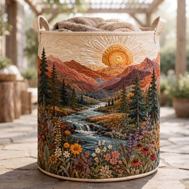 Golden Sunrise Quilted Laundry Basket, Mountain River Storage Bin, Wilderness Clothes Hamper