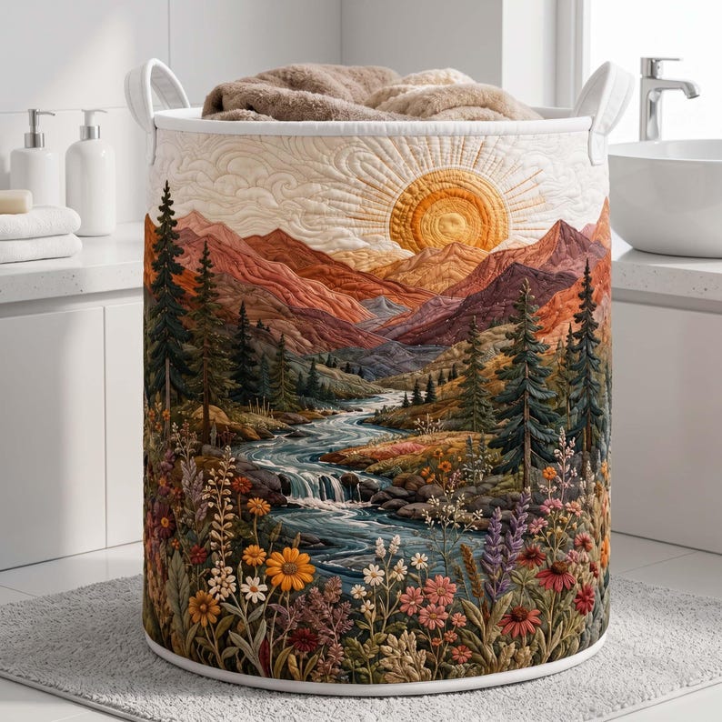 Golden Sunrise Quilted Laundry Basket, Mountain River Storage Bin, Wilderness Clothes Hamper