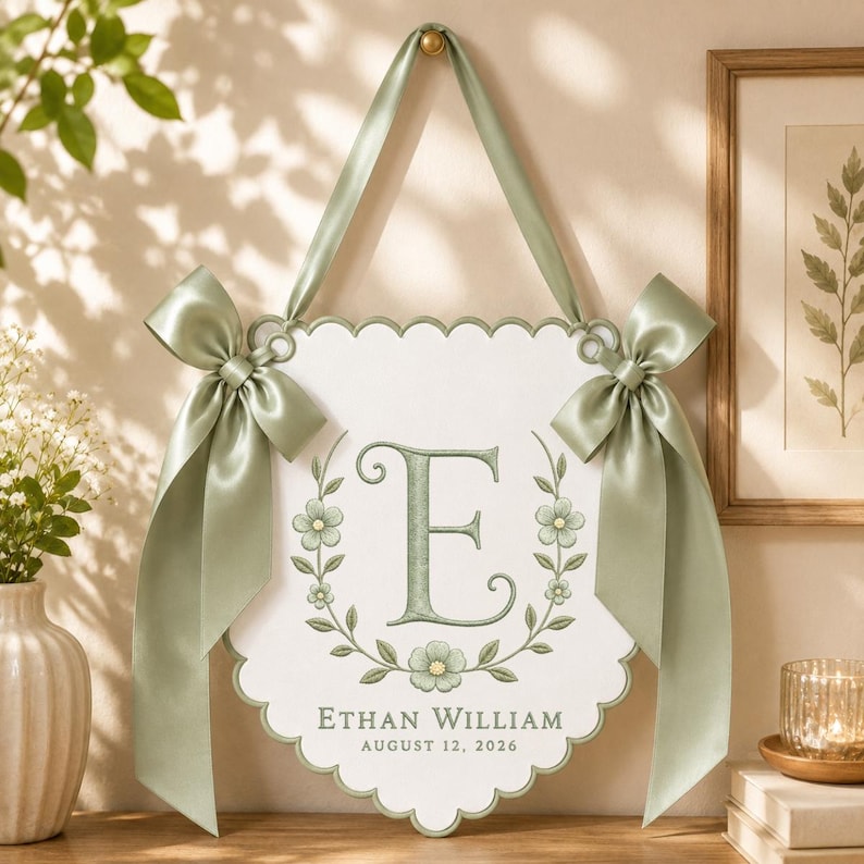 Personalized Baby Monogram Scalloped Banner Decor, Custom Embroidered Name Date Initial Wall Hanging Sign