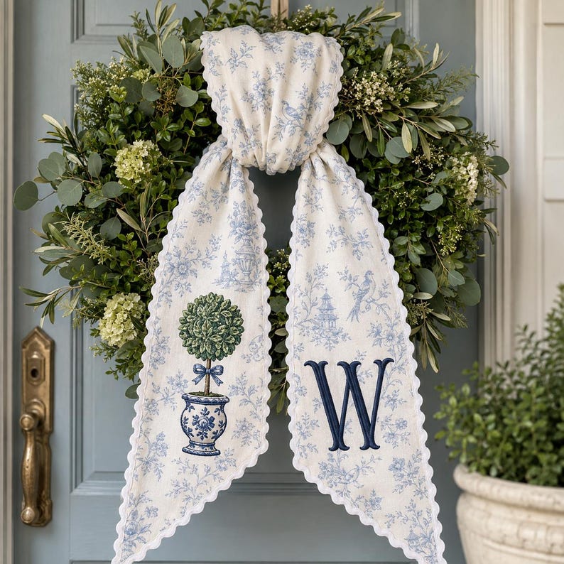 Personalized Chinoiserie Wreath Sash, Blue Toile Monogram Christmas Bow, Topiary Ginger Jar Holiday Decor
