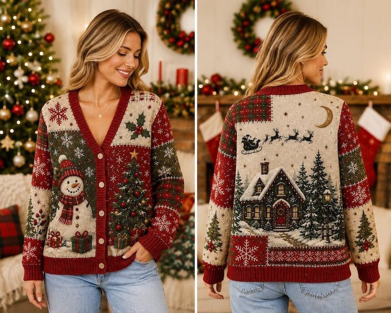 Christmas Cardigan Sweater, Snowman Holiday Knit Cardigan, Cozy Winter Sweater, Christmas Tree Pattern Cardigan