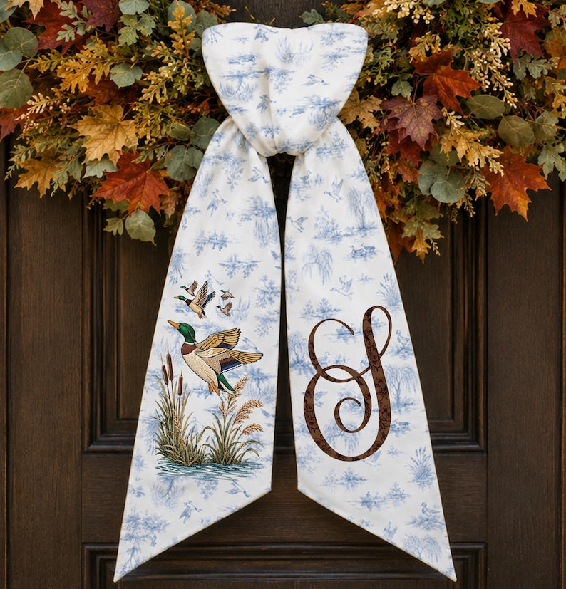 Personalized Duck Hunting Wreath Sash, Embroidery Fall Door Bow, Monogram Front Door Decor, Duck Hunter Gift