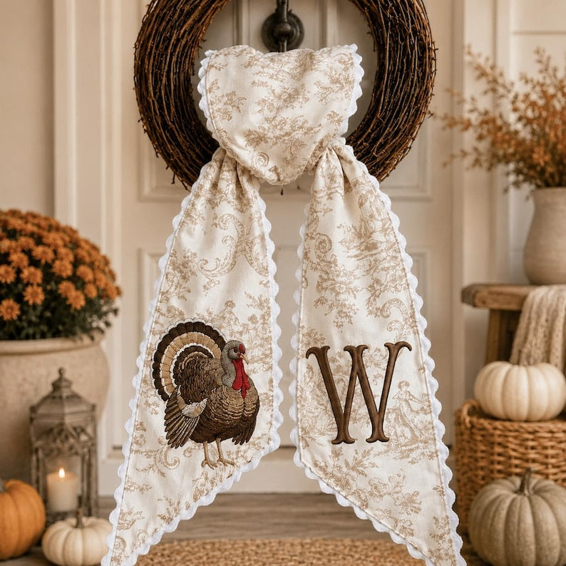 Personalized Thanksgiving Turkey Wreath Sash, Turkey Monogram Sash, Neutral Toile Fall Wreath Bow