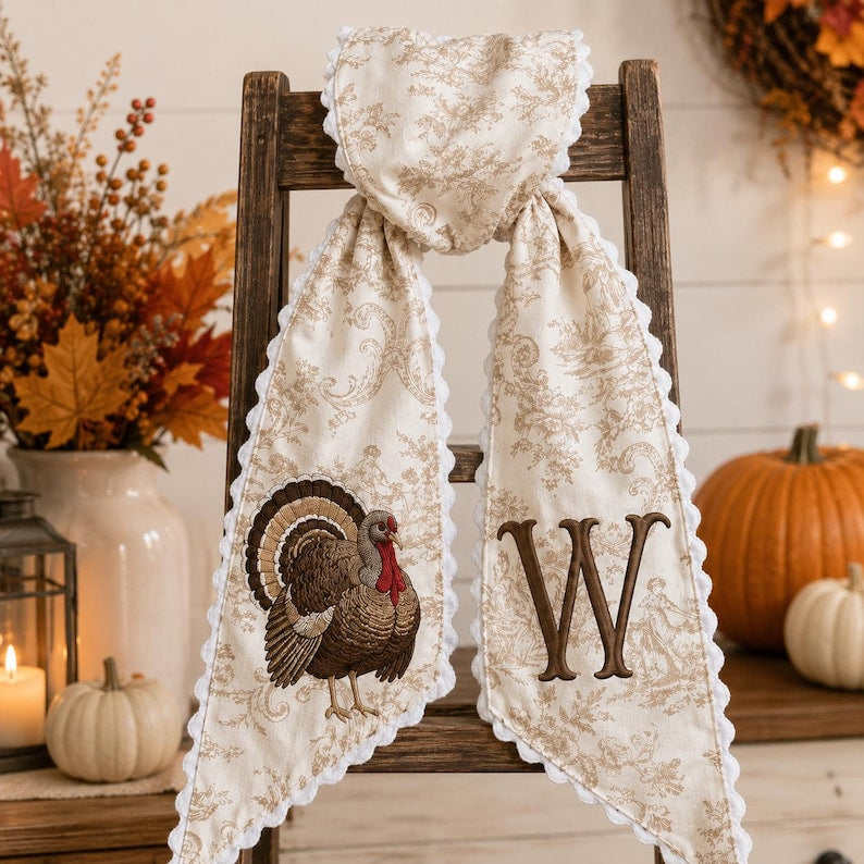 Personalized Thanksgiving Turkey Wreath Sash, Turkey Monogram Sash, Neutral Toile Fall Wreath Bow