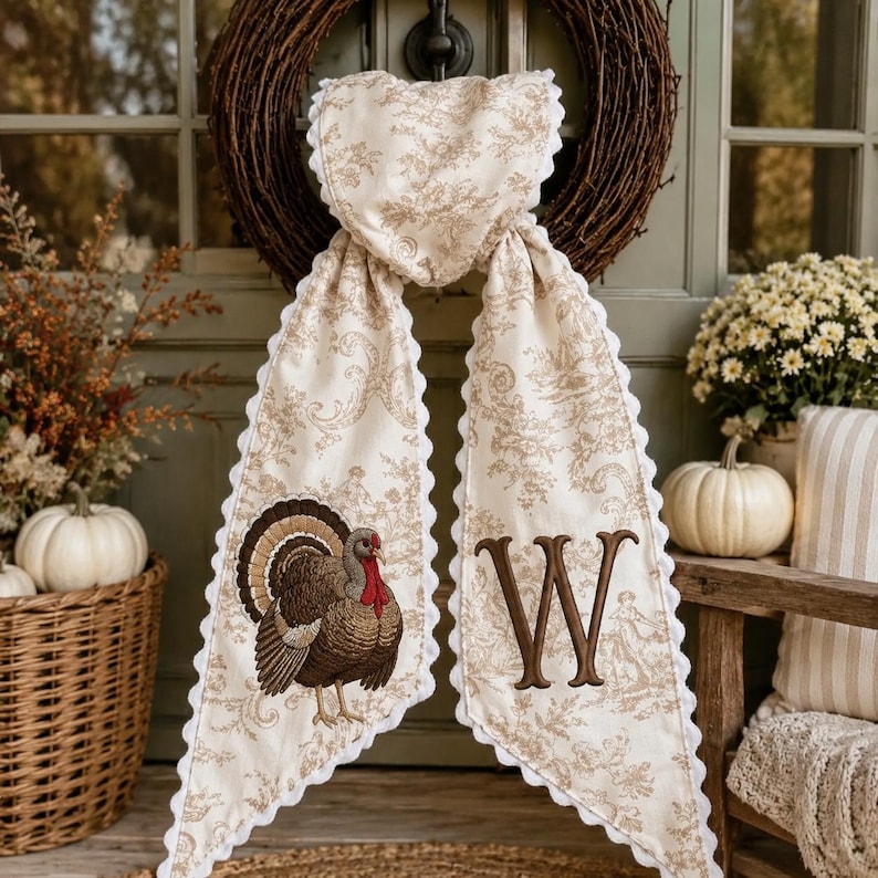 Personalized Thanksgiving Turkey Wreath Sash, Turkey Monogram Sash, Neutral Toile Fall Wreath Bow