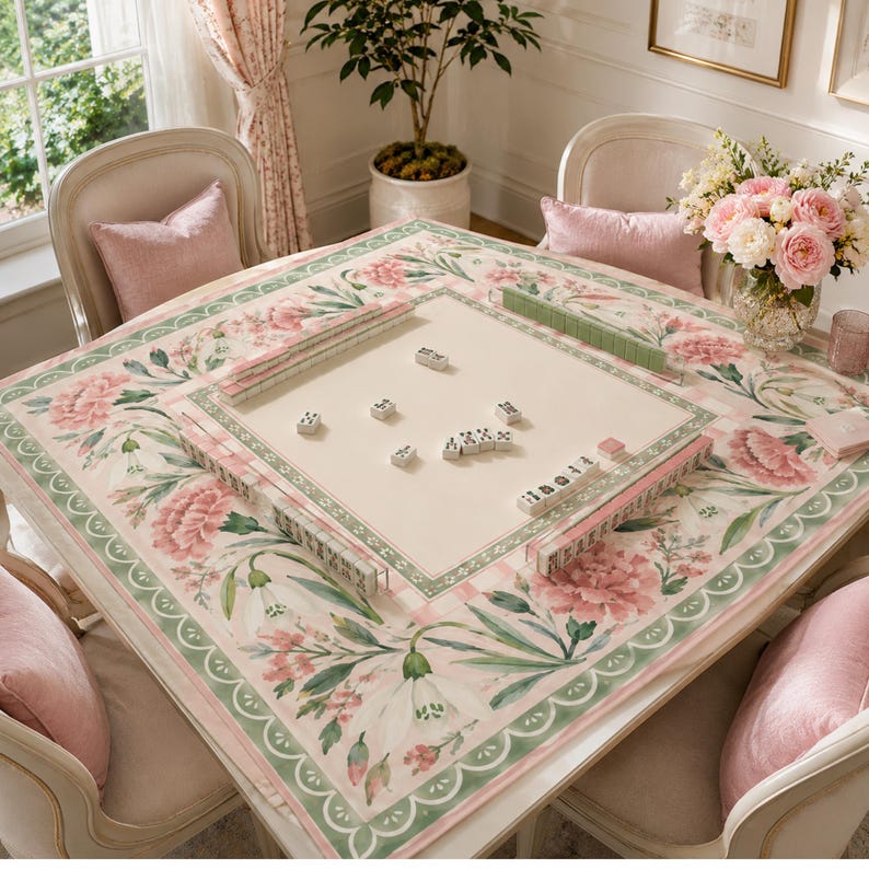Pink Carnation Snowdrop Mahjong Mat, American Mahjong Mat, Grandmillennial Floral Garden, Sage Green Mahjong Gift