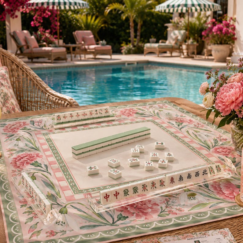 Pink Carnation Snowdrop Mahjong Mat, American Mahjong Mat, Grandmillennial Floral Garden, Sage Green Mahjong Gift