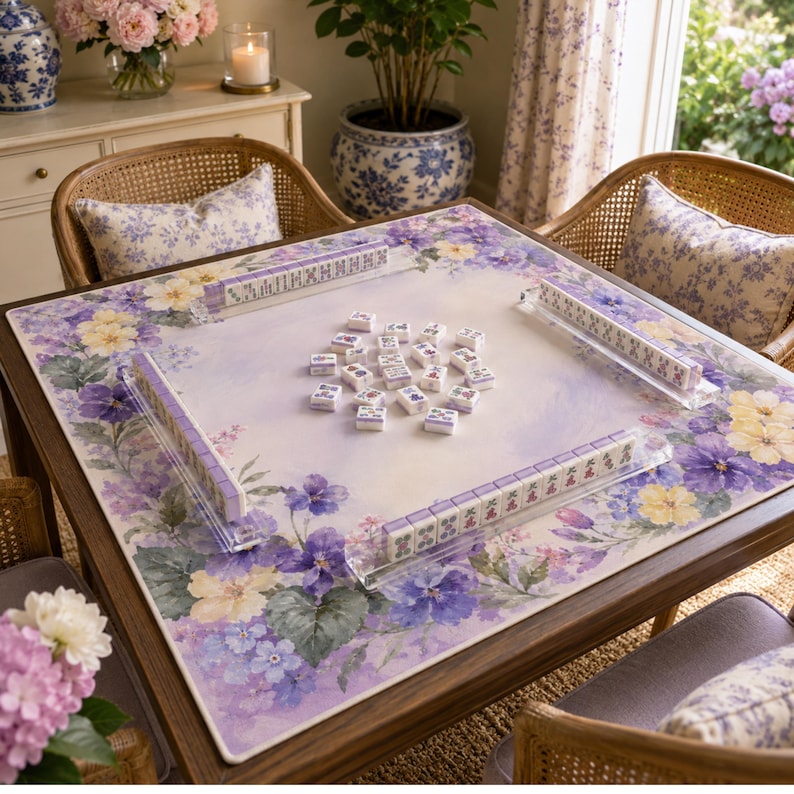 Violet Primrose Mahjong Mat, American Mahjong Mat, Purple Floral Garden, Birth Flower Mahjong Gift