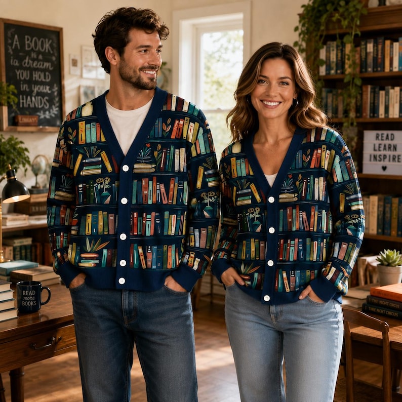 Book Lover Cardigan Sweater, Library Bookshelf Cardigan, Librarian Gift, Reader Cardigan, Bookworm V Neck Button Knit Sweater