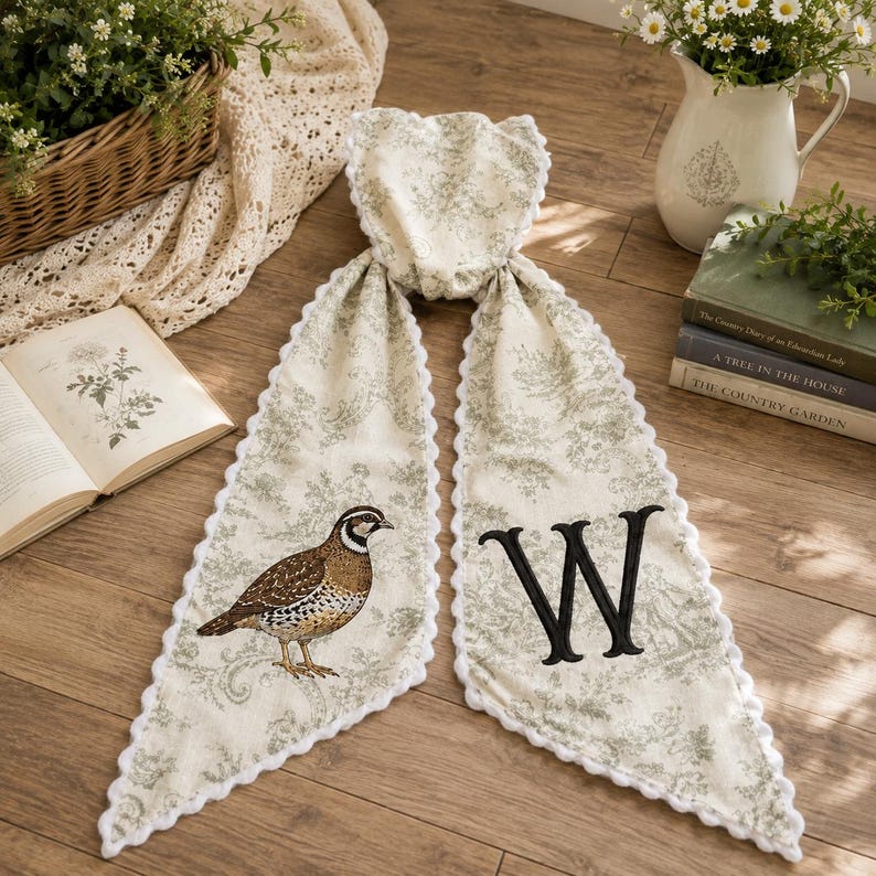 Personalized Quail Wreath Sash, Quail Hunting Monogram Sash, Custom Initial Bird Wreath Bow, Fall Thanksgiving Sash
