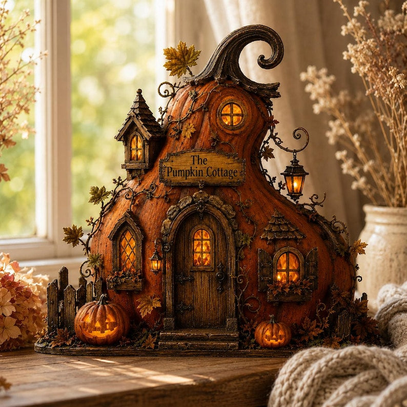 Custom Pumpkin Cottage Wooden Block, Halloween House Decor, Rustic Fall Tabletop Sign, Autumn Shelf Decor