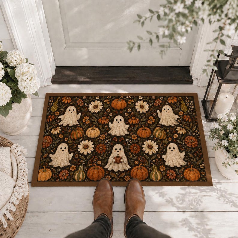 Halloween Ghost Coir Doormat, Spooky Fall Front Door Mat, Pumpkin Floral Outdoor Rug, Cute Halloween Porch Decor