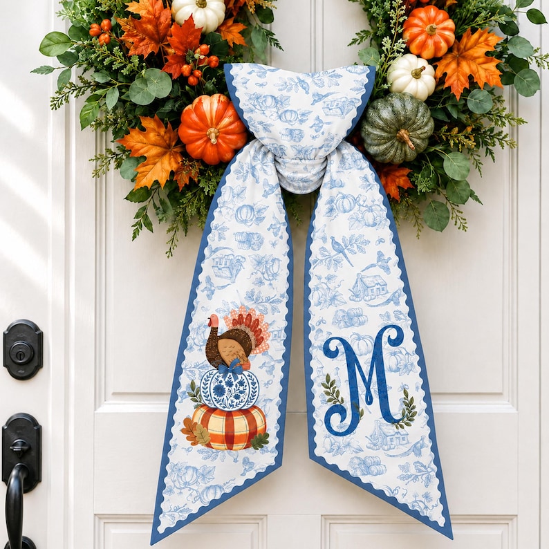 Personalized Turkey Pumpkin Wreath Sash, Monogram Front Door Decor, Fall Door Bow, Thanksgiving Sash, Autumn Porch Decor