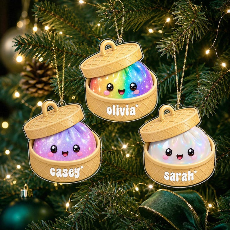 Personalized Dumpling Ornament with Name, Custom Kids Name Christmas Ornament, Cute Bamboo Steamer Ornament