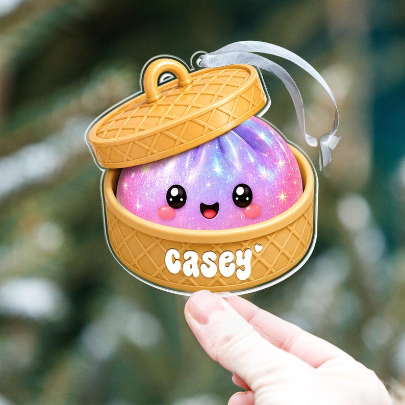 Personalized Dumpling Ornament with Name, Custom Kids Name Christmas Ornament, Cute Bamboo Steamer Ornament