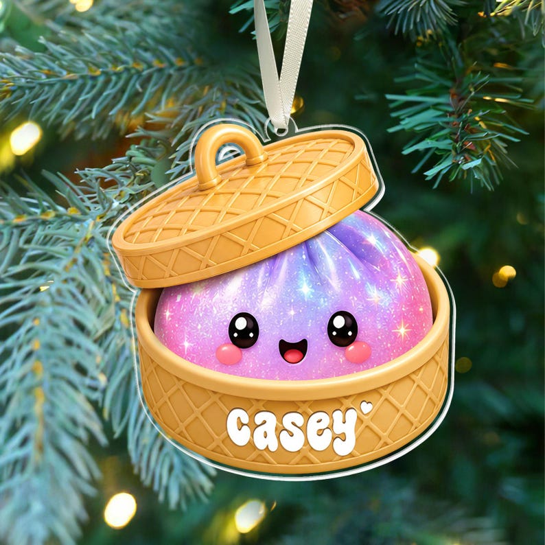 Personalized Dumpling Ornament with Name, Custom Kids Name Christmas Ornament, Cute Bamboo Steamer Ornament