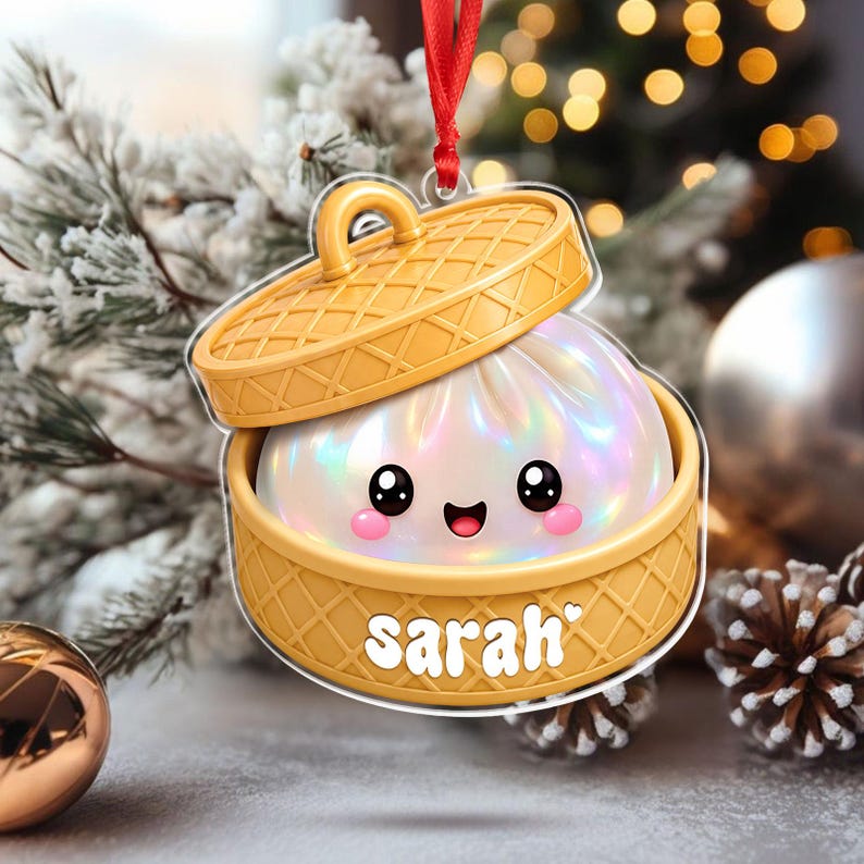 Personalized Dumpling Ornament with Name, Custom Kids Name Christmas Ornament, Cute Bamboo Steamer Ornament