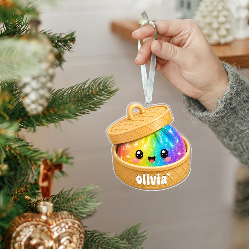 Personalized Dumpling Ornament with Name, Custom Kids Name Christmas Ornament, Cute Bamboo Steamer Ornament