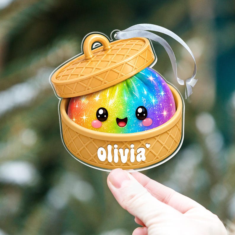 Personalized Dumpling Ornament with Name, Custom Kids Name Christmas Ornament, Cute Bamboo Steamer Ornament