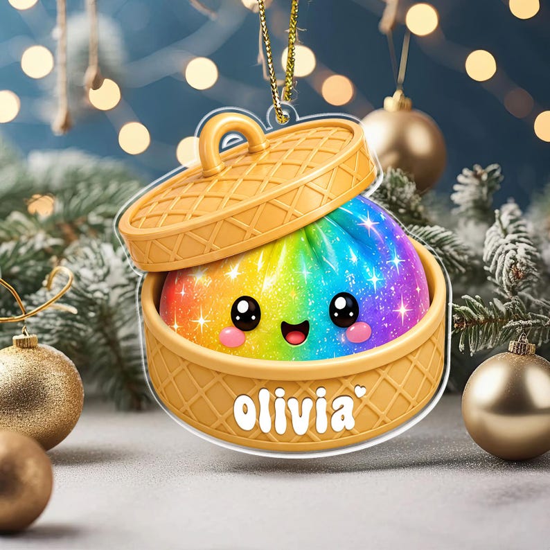 Personalized Dumpling Ornament with Name, Custom Kids Name Christmas Ornament, Cute Bamboo Steamer Ornament