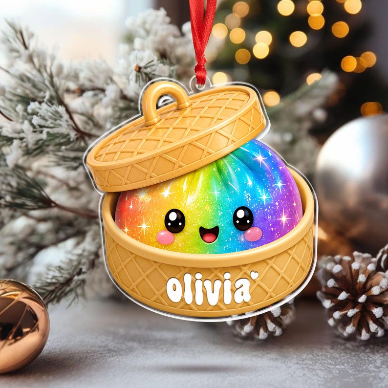 Personalized Dumpling Ornament with Name, Custom Kids Name Christmas Ornament, Cute Bamboo Steamer Ornament