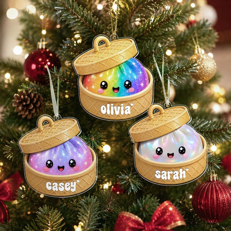 Personalized Dumpling Ornament with Name, Custom Kids Name Christmas Ornament, Cute Bamboo Steamer Ornament
