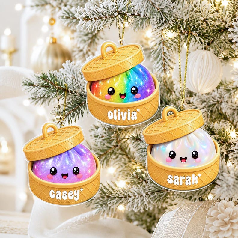 Personalized Dumpling Ornament with Name, Custom Kids Name Christmas Ornament, Cute Bamboo Steamer Ornament