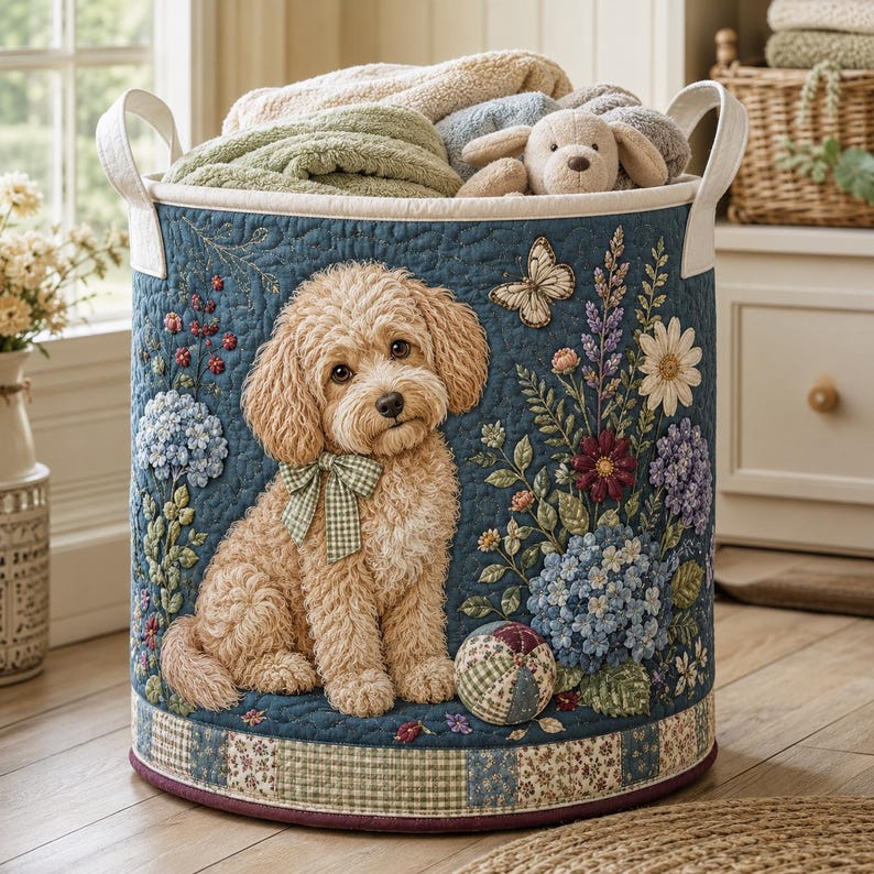 Quilted Dog Laundry Basket, Floral Puppy Clothes Hamper