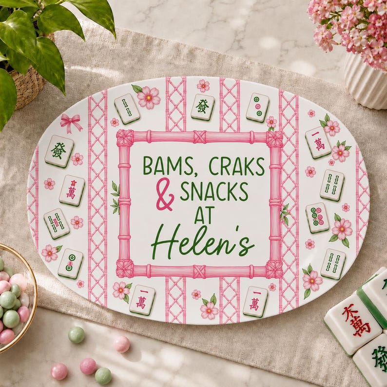 Mahjong Serving Platter Gift Idea Game Night Tray, Pink Dot Crack Bam Party Decor, Mahjong Dessert Plate