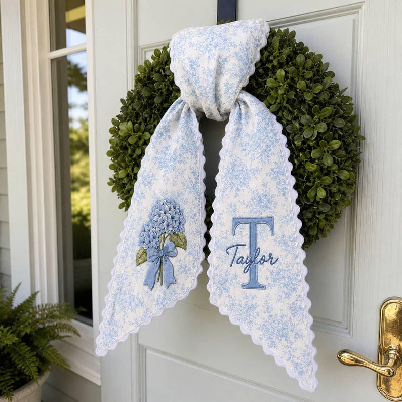 Personalized Embroidered Hydrangea Wreath Sash Blue Floral Scalloped Door Bow