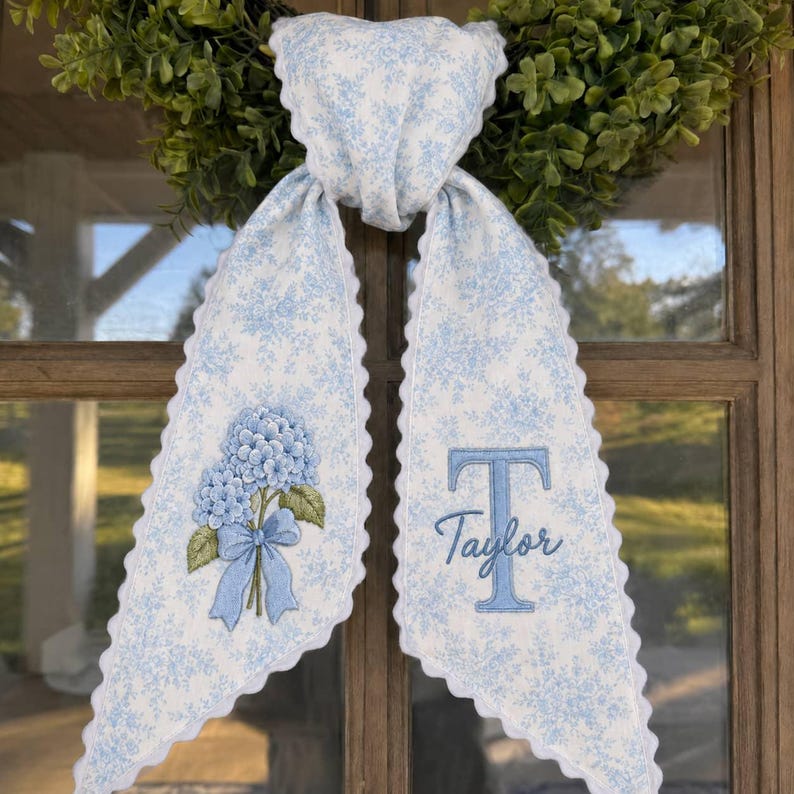 Personalized Embroidered Hydrangea Wreath Sash Blue Floral Scalloped Door Bow