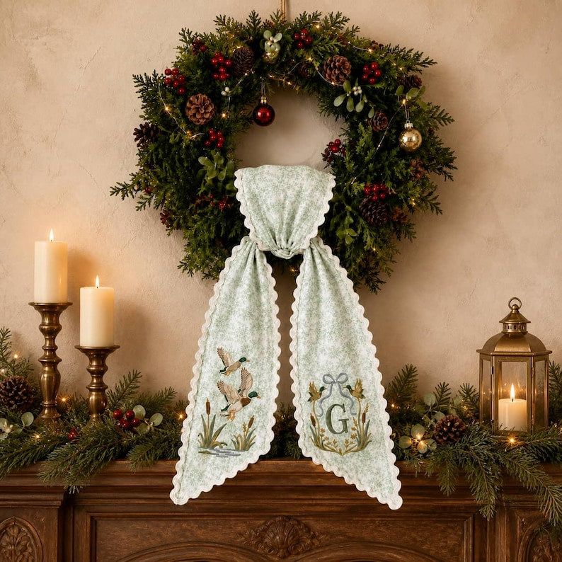 Personalized Embroidered Mallard Duck Wreath Sash Green Floral Scalloped Door Bow
