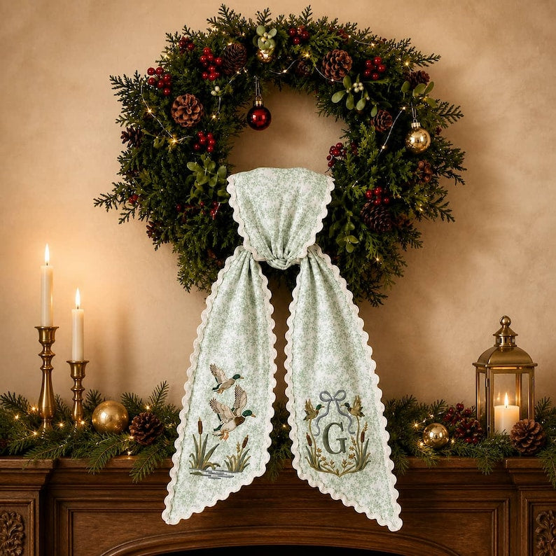 Personalized Embroidered Mallard Duck Wreath Sash Green Floral Scalloped Door Bow