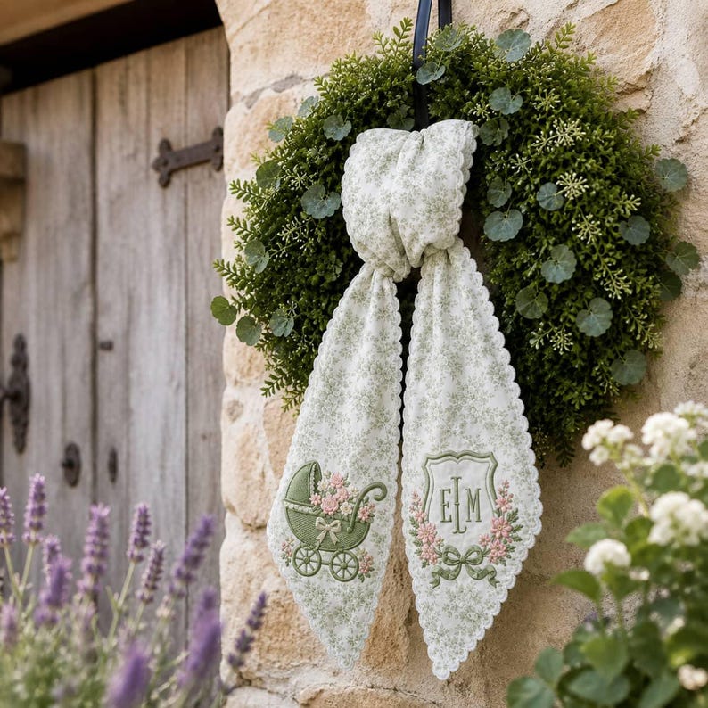 Personalized Embroidered Baby Stroller Wreath Sash Green Floral Scalloped Door Bow