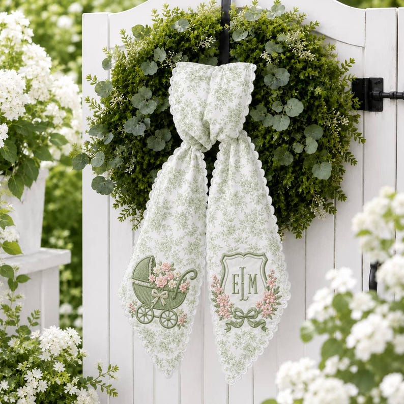Personalized Embroidered Baby Stroller Wreath Sash Green Floral Scalloped Door Bow