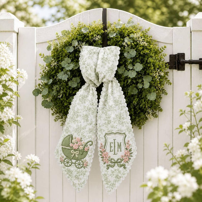 Personalized Embroidered Baby Stroller Wreath Sash Green Floral Scalloped Door Bow
